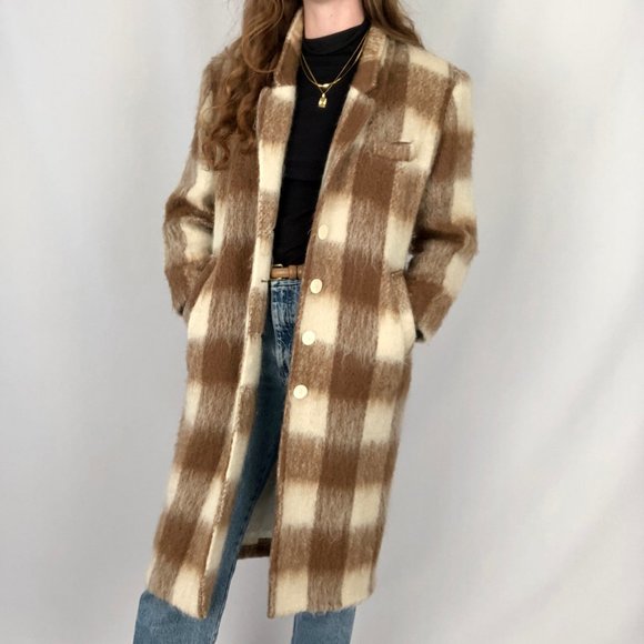 Vintage Jackets & Blazers - Stunning Vintage Plaid Mohair Wool Long Oversized Trench Shacket Jacket Pea Coat
